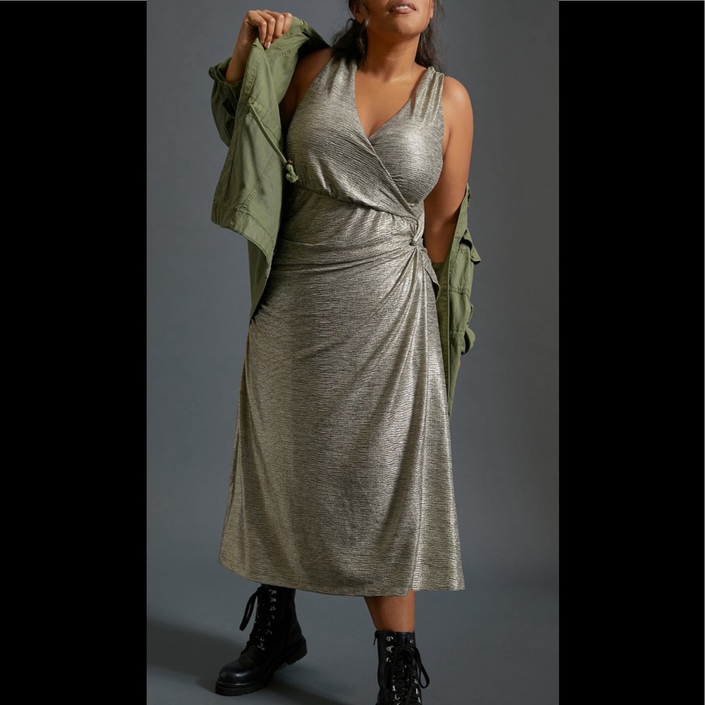 NWT Anthropologie+ gold metallic midi dress